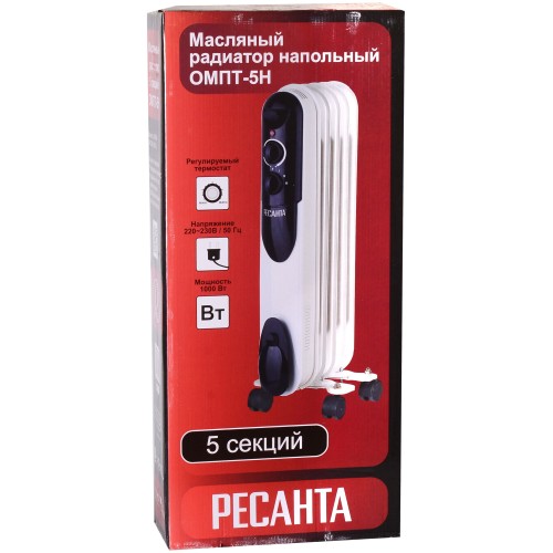 Масляный обогреватель РЕСАНТА ОМПТ- 5Н [67/3/2] 1кВт, 290?140?650, 5 секций, 6,3 кг}